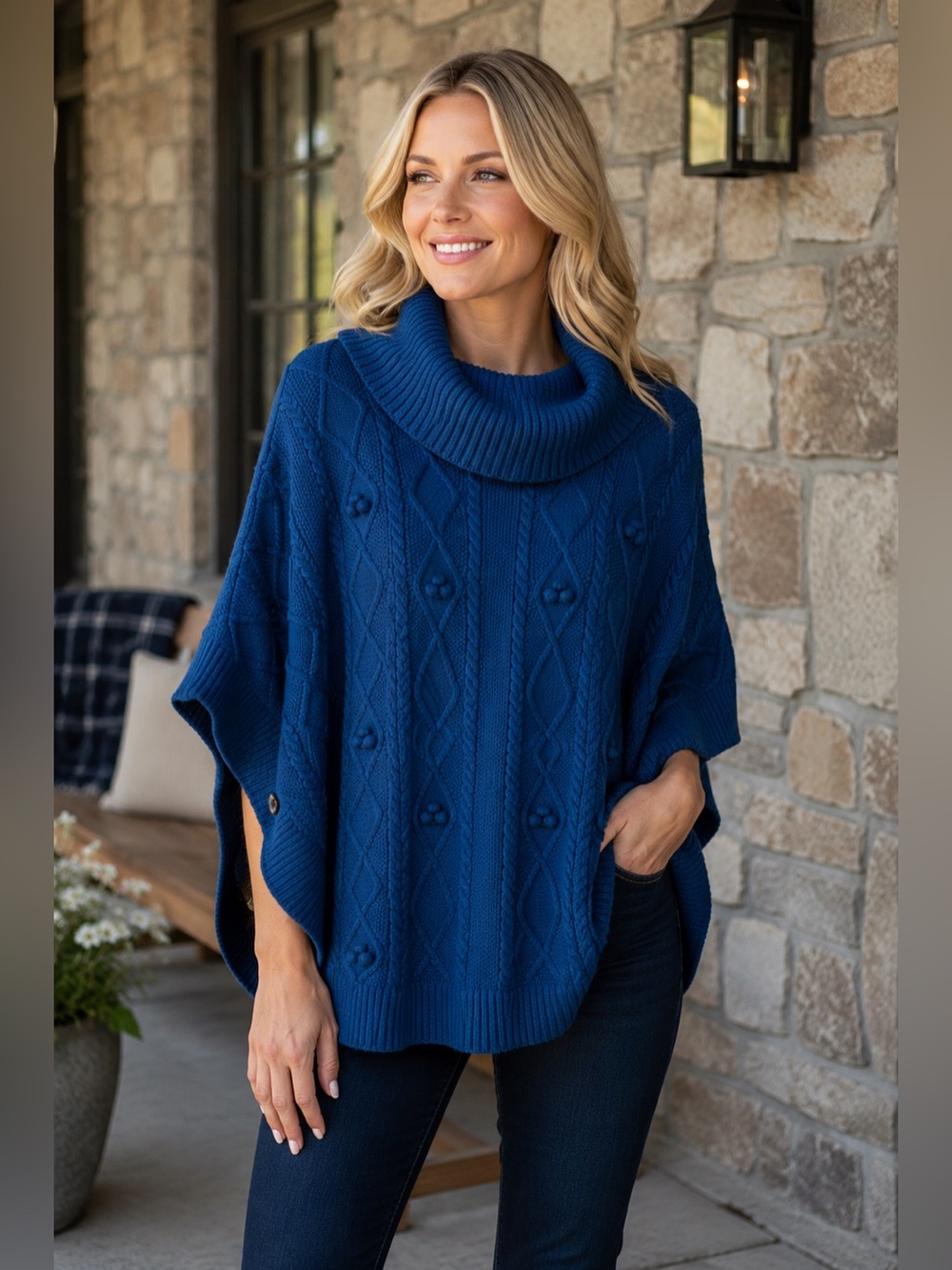 Talbots Wool Poncho Sweater Cape Pullover Cable Womens Blue Chunky Boho Size L
